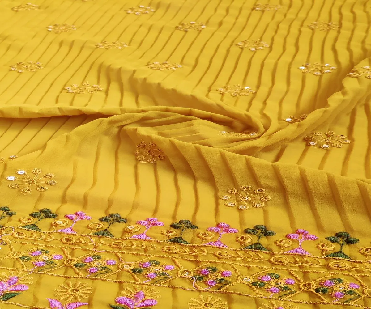 Mustard Floral Pleated Embroidered Georgette Fabric (Wholesale)