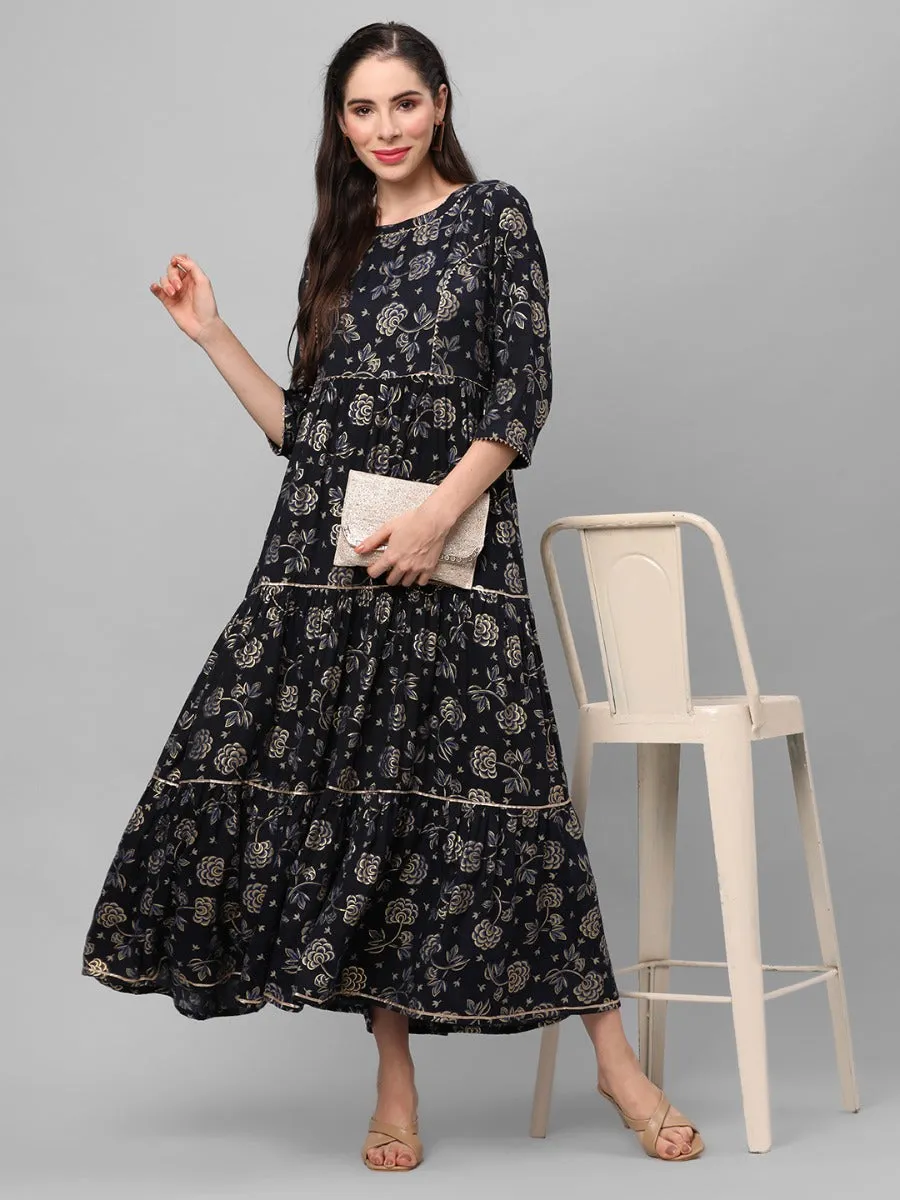 Navy Blue Floral Printed Dress