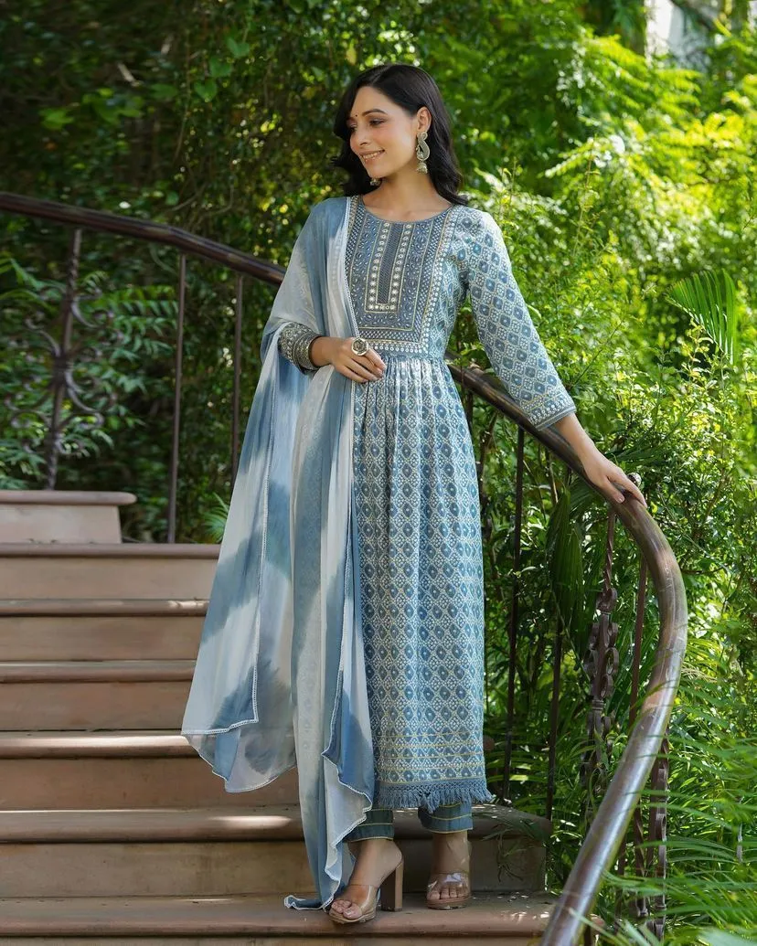 Nayra Cut Kurti Pant Dupatta Set - Light Blue