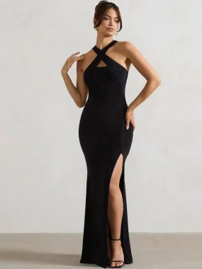 Noir Cross Shoulder Neck Bodycon Slit Dress