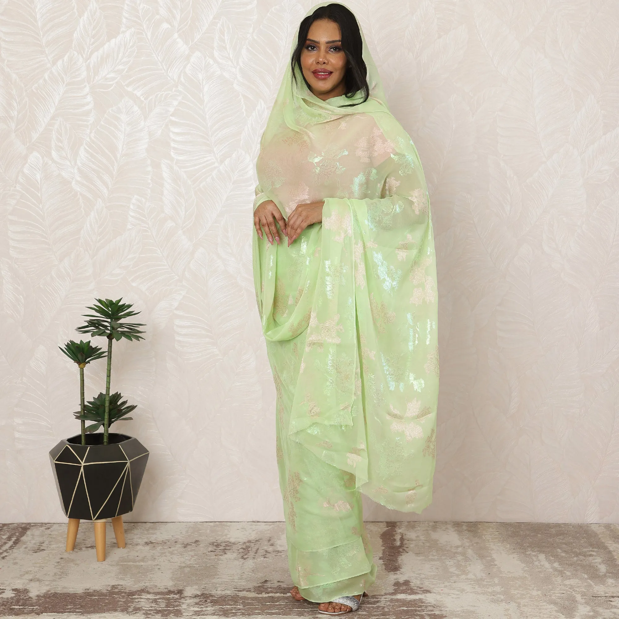 Pastel Green Sudanese Thobe Fabric in Silk Chiffon with Metallic Lurex, 4.5 Meters, 110 cm Width-D20359