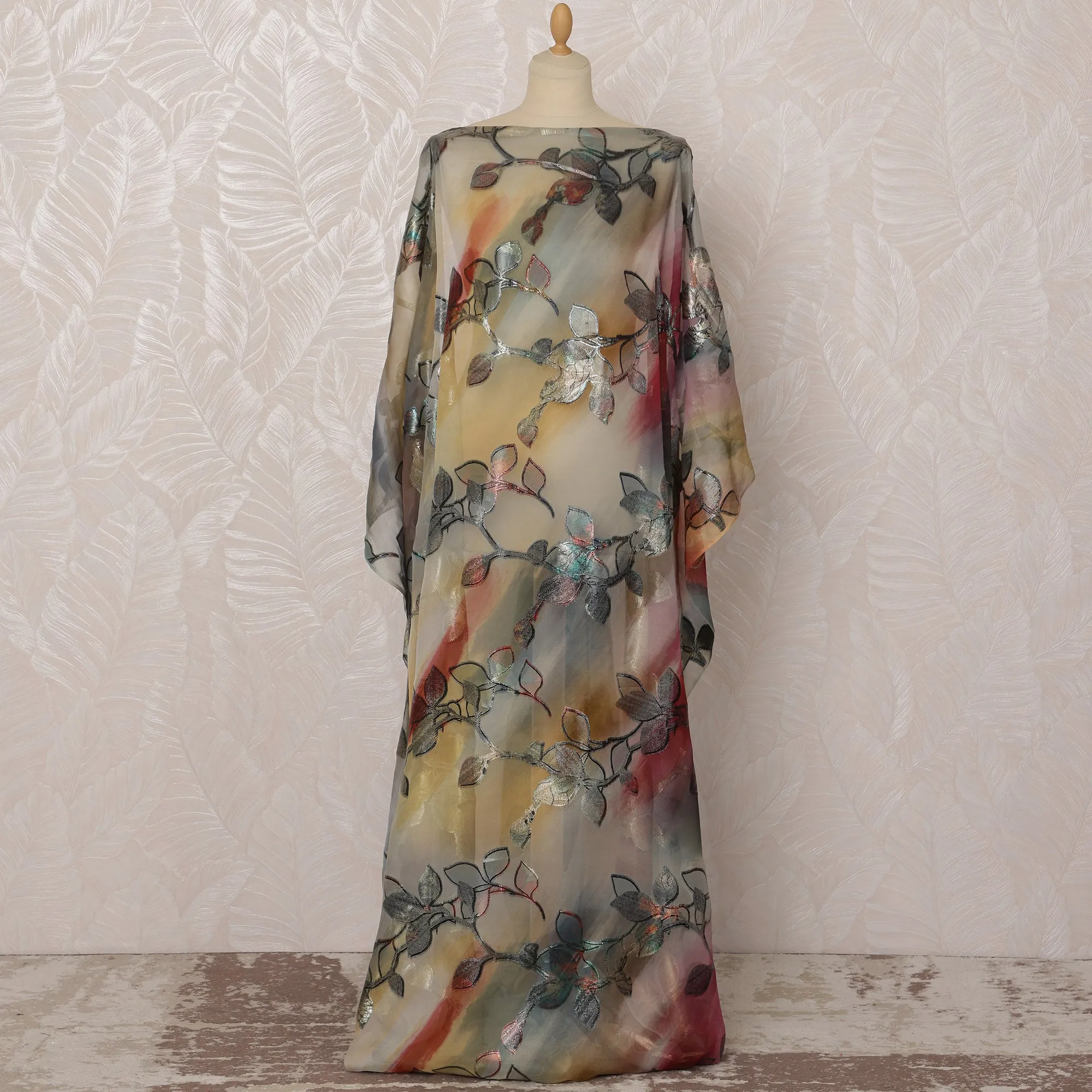 Pastel Multicolor Leaf Pattern Silk Chiffon Dirac Fabric with Metallic Lurex, 3.5 Meters, 140 cm Width-D20790