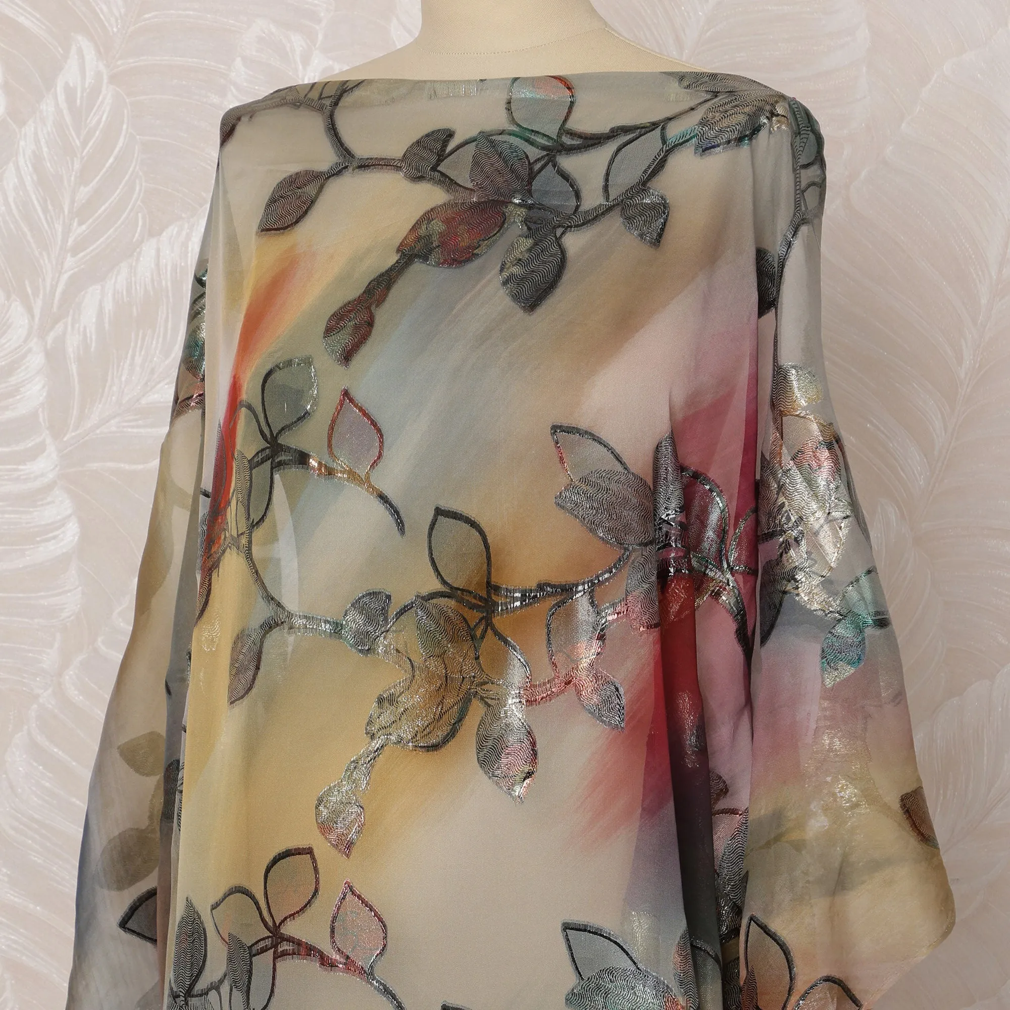 Pastel Multicolor Leaf Pattern Silk Chiffon Dirac Fabric with Metallic Lurex, 3.5 Meters, 140 cm Width-D20790