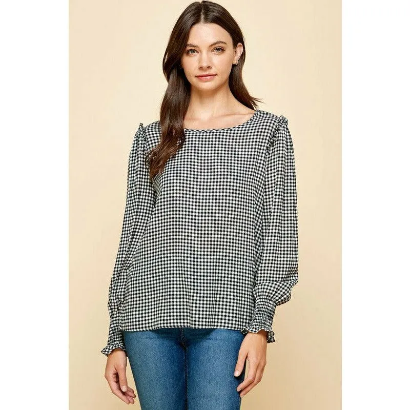 Plaid Top With Smocked Sleeves Ruffled Shoulder