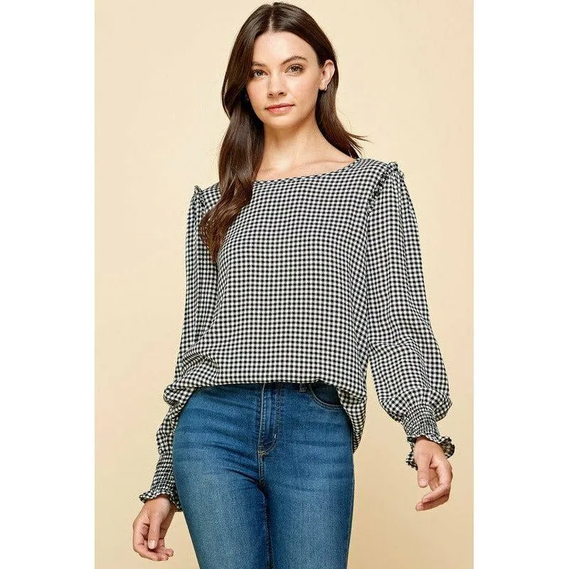 Plaid Top With Smocked Sleeves Ruffled Shoulder