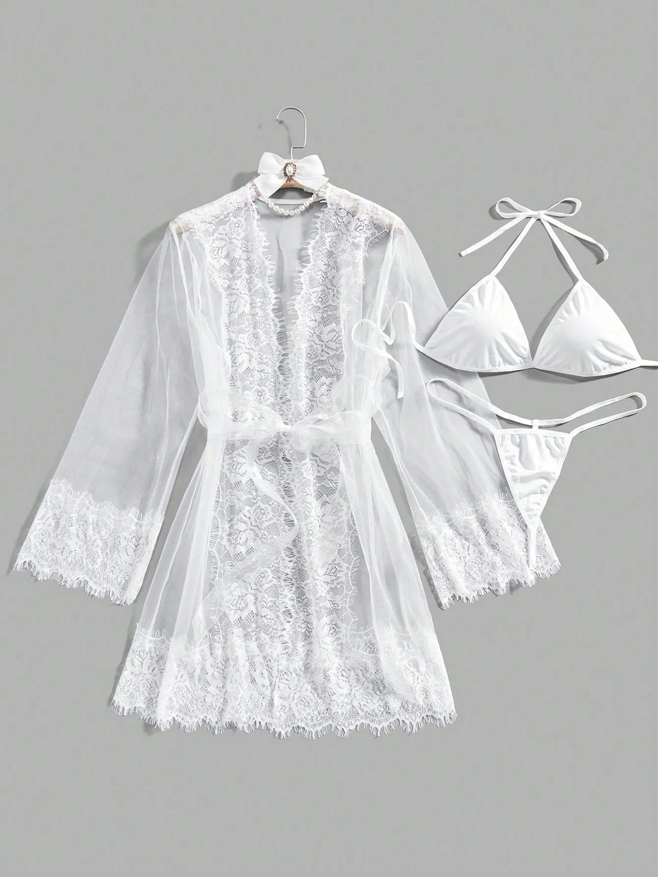 Plus Size Women's Spliced Lace Sexy Honeymoon Wedding Perspective Lingerie Robe Set