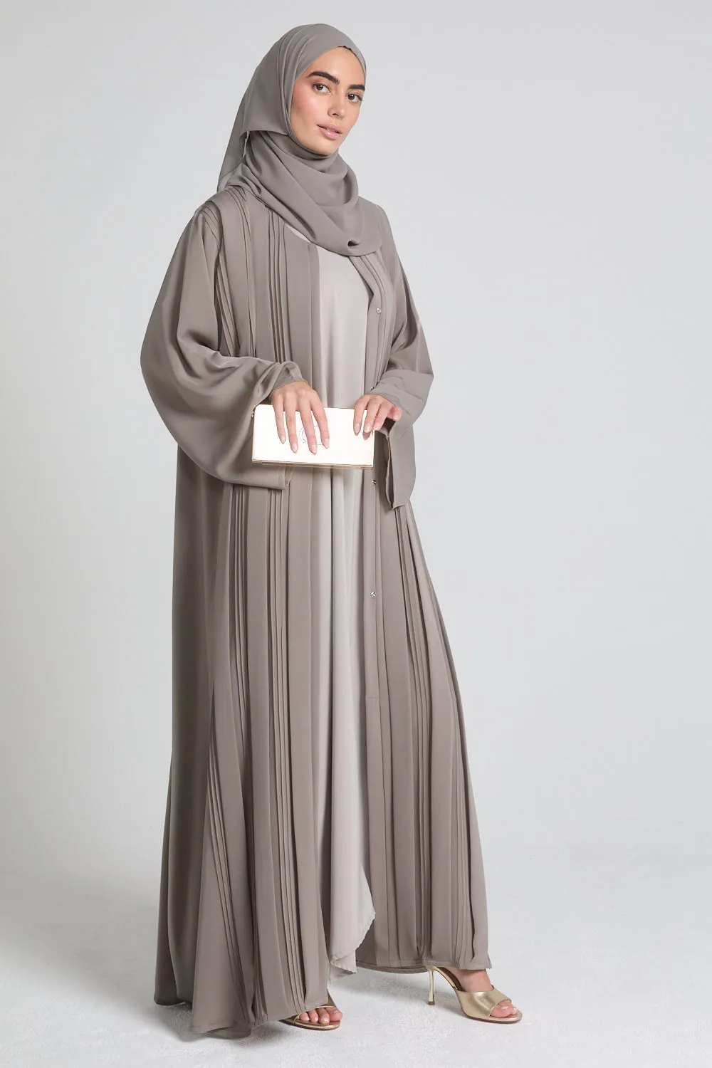 Premium Pleated Detailing Open Abaya - Olive Taupe