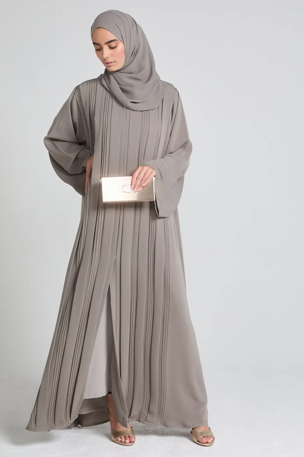 Premium Pleated Detailing Open Abaya - Olive Taupe