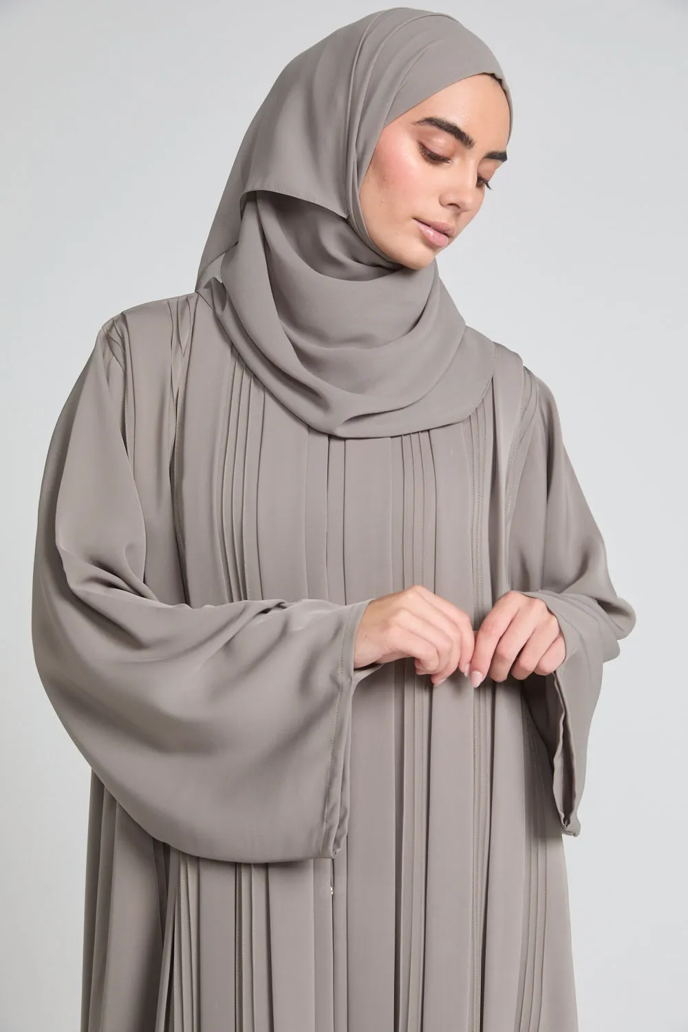 Premium Pleated Detailing Open Abaya - Olive Taupe