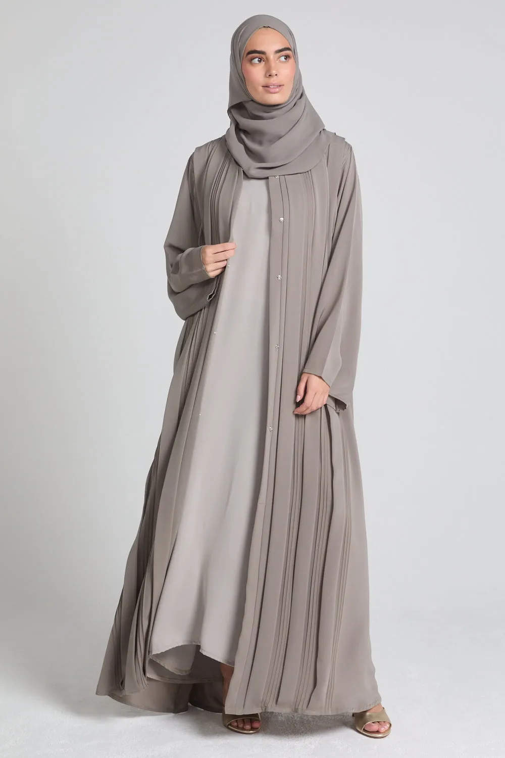 Premium Pleated Detailing Open Abaya - Olive Taupe