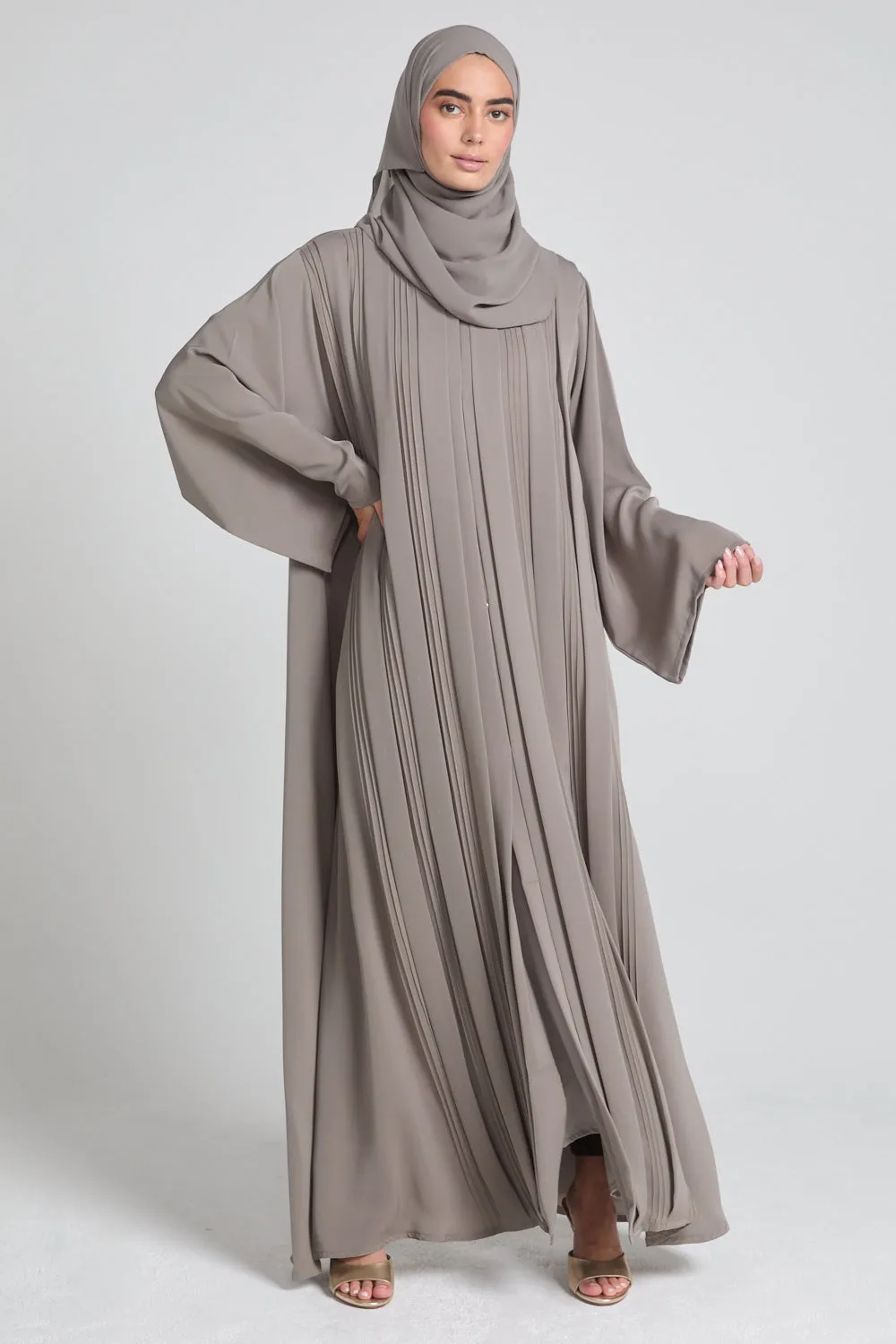 Premium Pleated Detailing Open Abaya - Olive Taupe