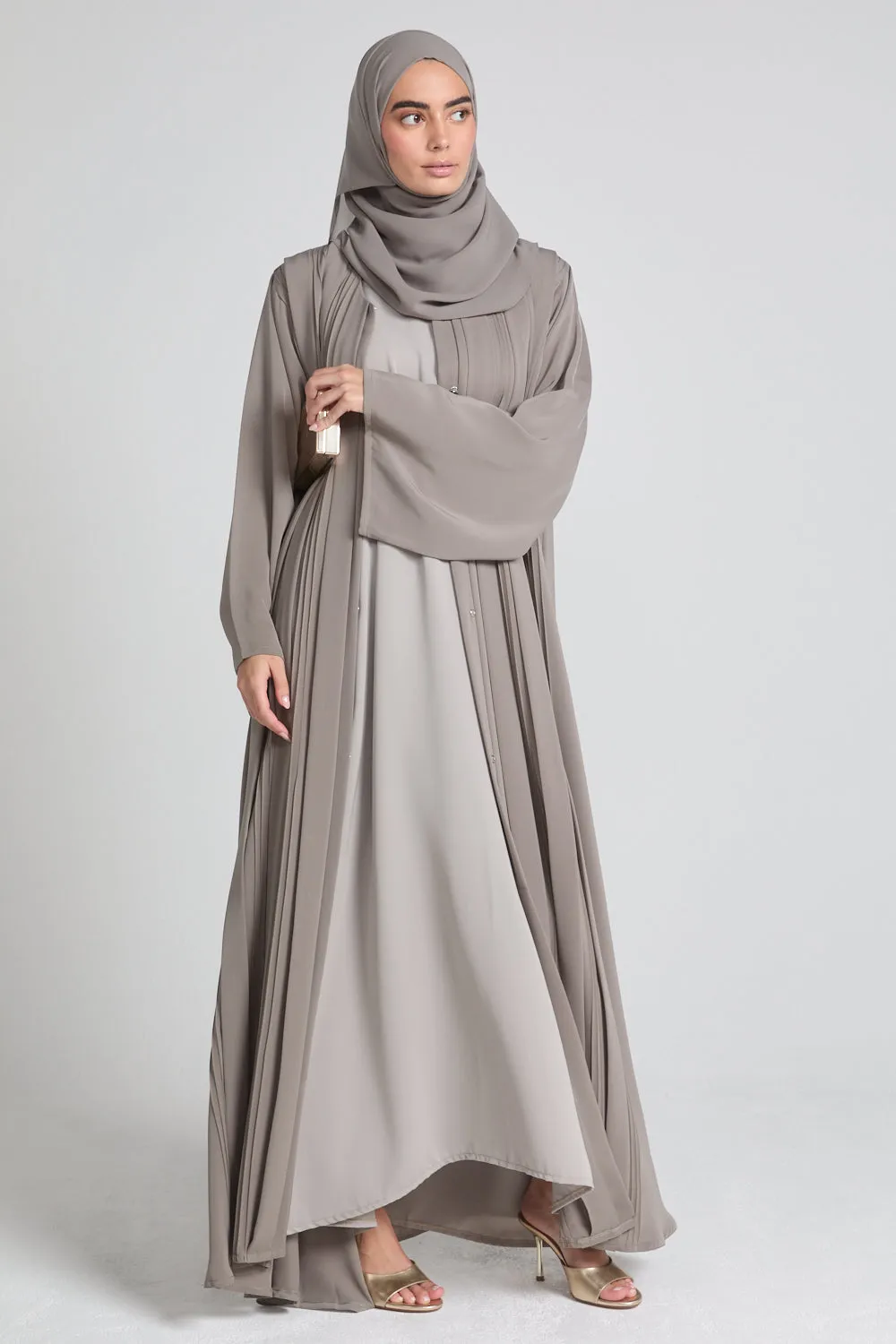 Premium Pleated Detailing Open Abaya - Olive Taupe