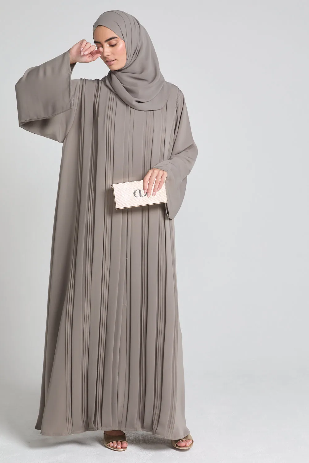 Premium Pleated Detailing Open Abaya - Olive Taupe