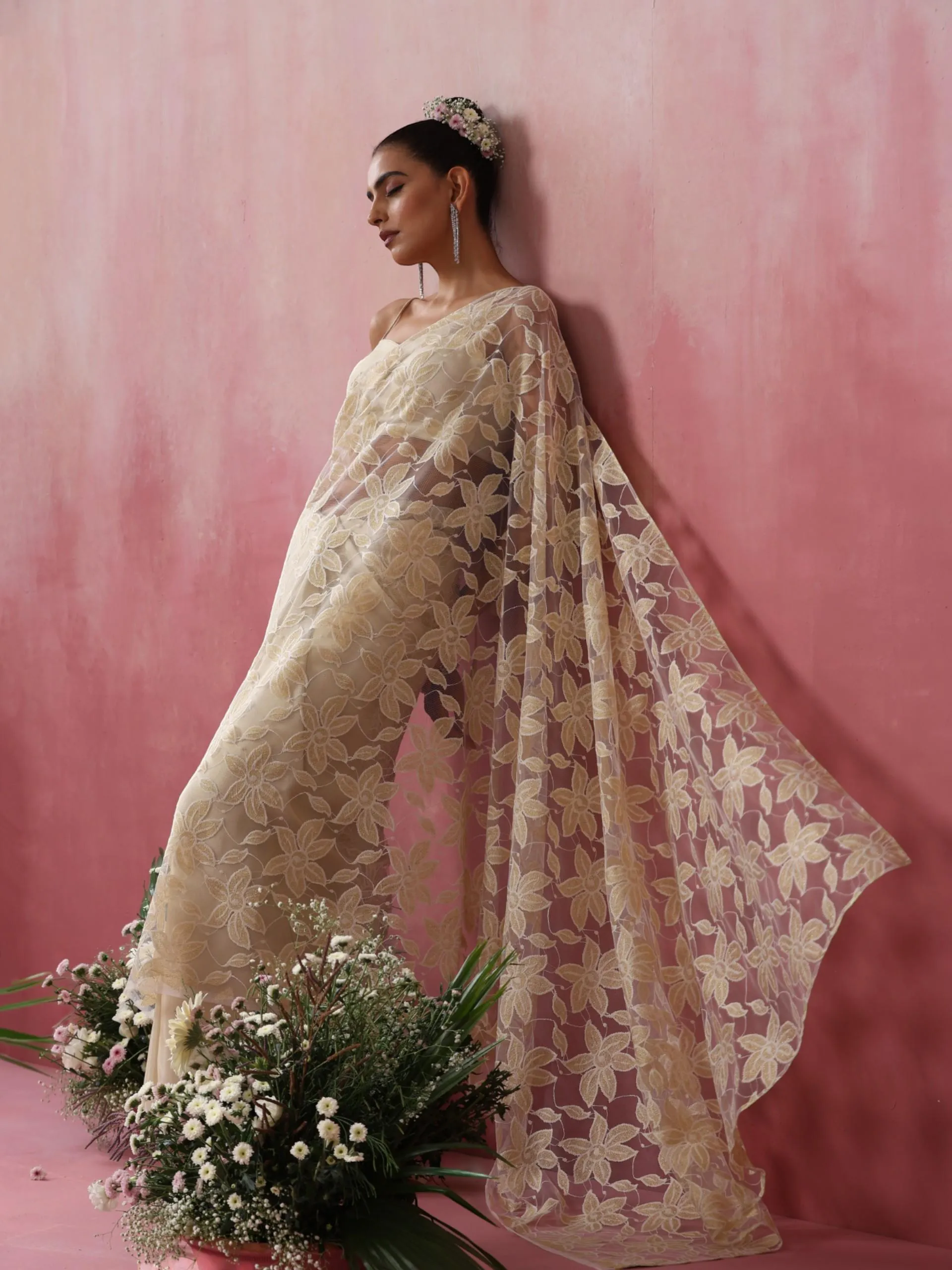 Princess Wardrobe Silk Tissue Saree with Net Flowers and Blouse Fabric