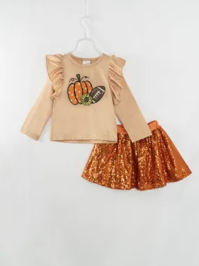 Pumpkin Football Sequins Ruffle Girl Skirt Set