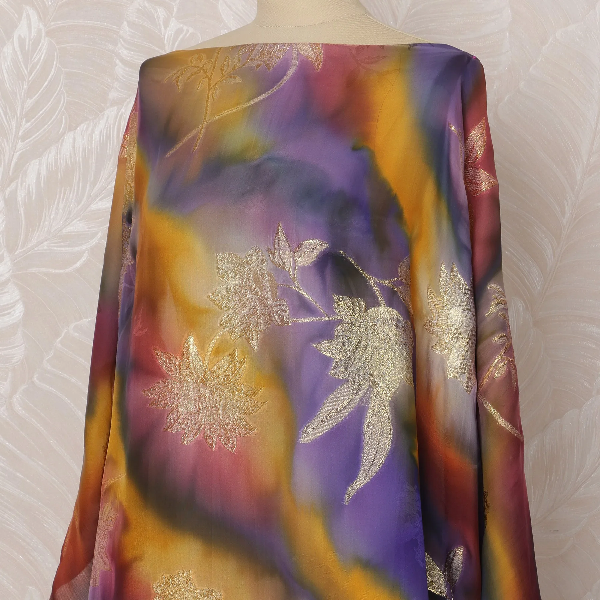 Purple and Gold Floral Silk Chiffon Dirac Fabric with Metallic Lurex, 3.5 Meters, 140 cm Width-D20800