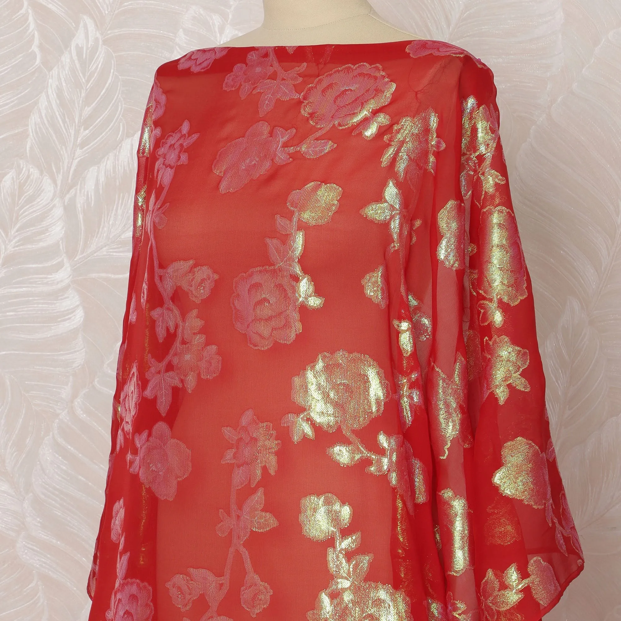 Red and Gold Floral Silk Chiffon Dirac Fabric with Metallic Lurex, 3.5 Meters, 140 cm Width-D20803