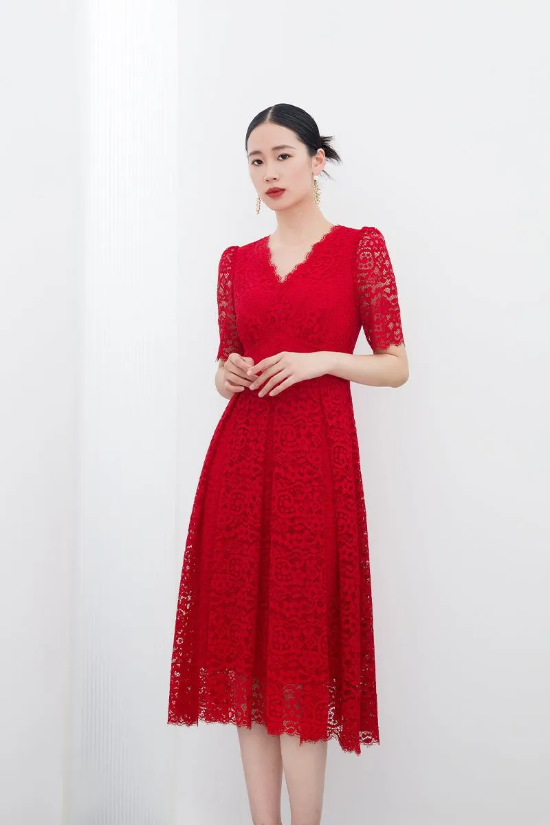 Red V Neck Lace Sleeve Midi Dresses