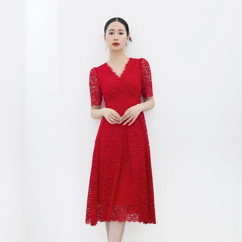 Red V Neck Lace Sleeve Midi Dresses