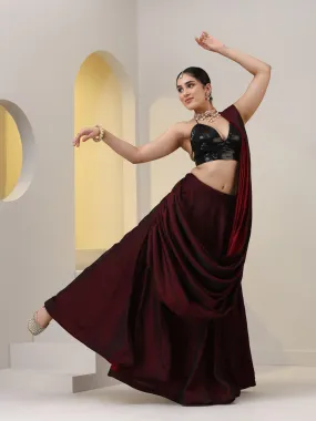 Rosewood Satin Skirt saree with Waterfall pallu and Black Sequin Blouse Fabric