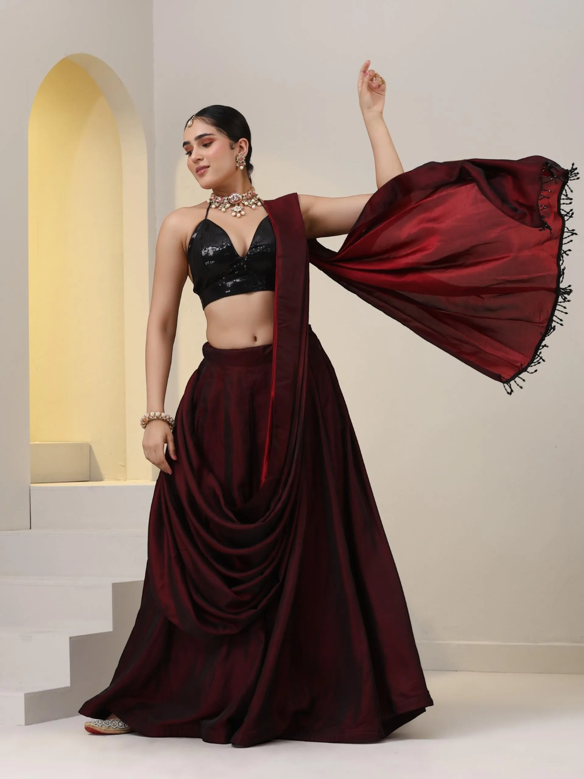 Rosewood Satin Skirt saree with Waterfall pallu and Black Sequin Blouse Fabric