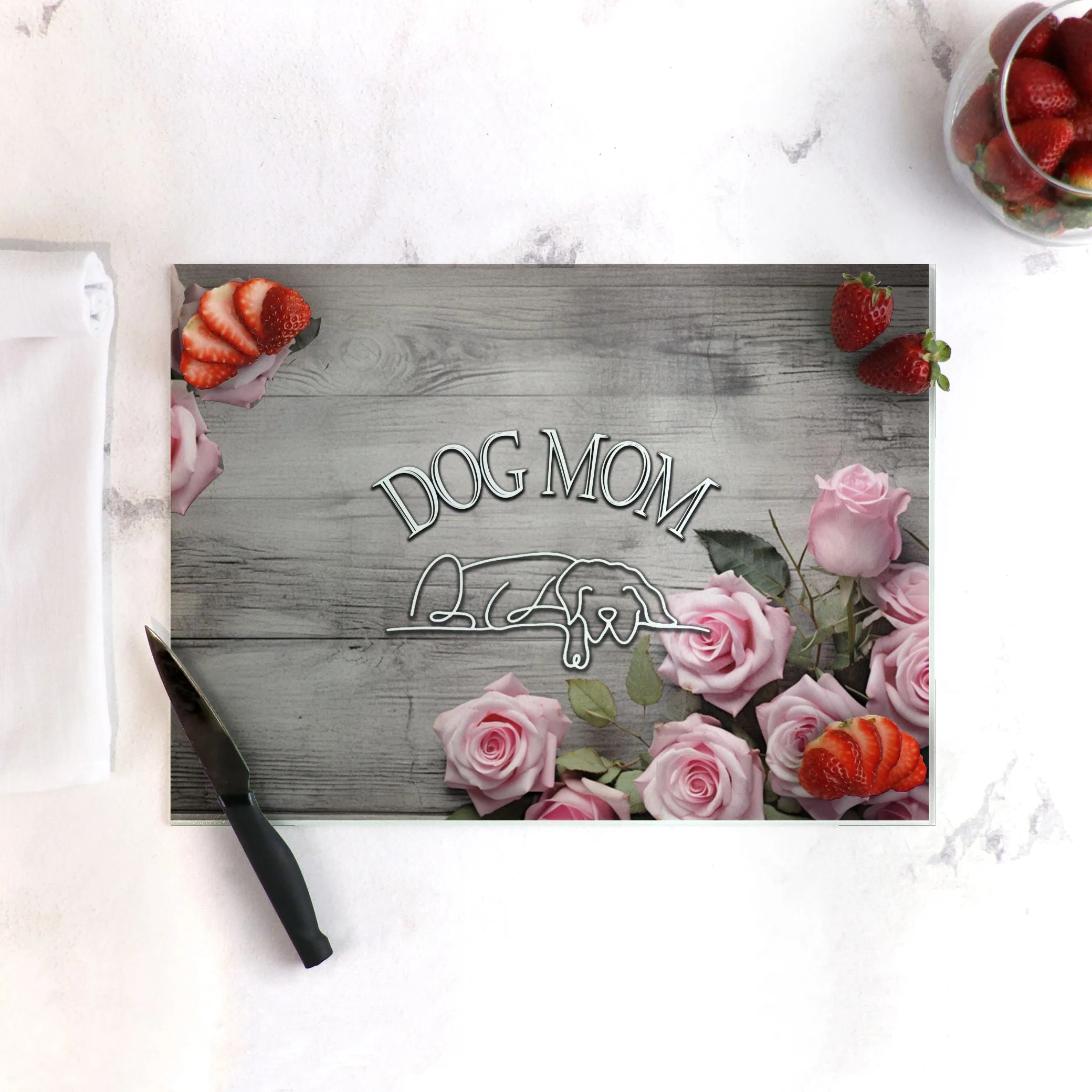 Rustic Rose DOG MOM Farmhouse Glass Cutting Board | Two Styles & Two Sizes