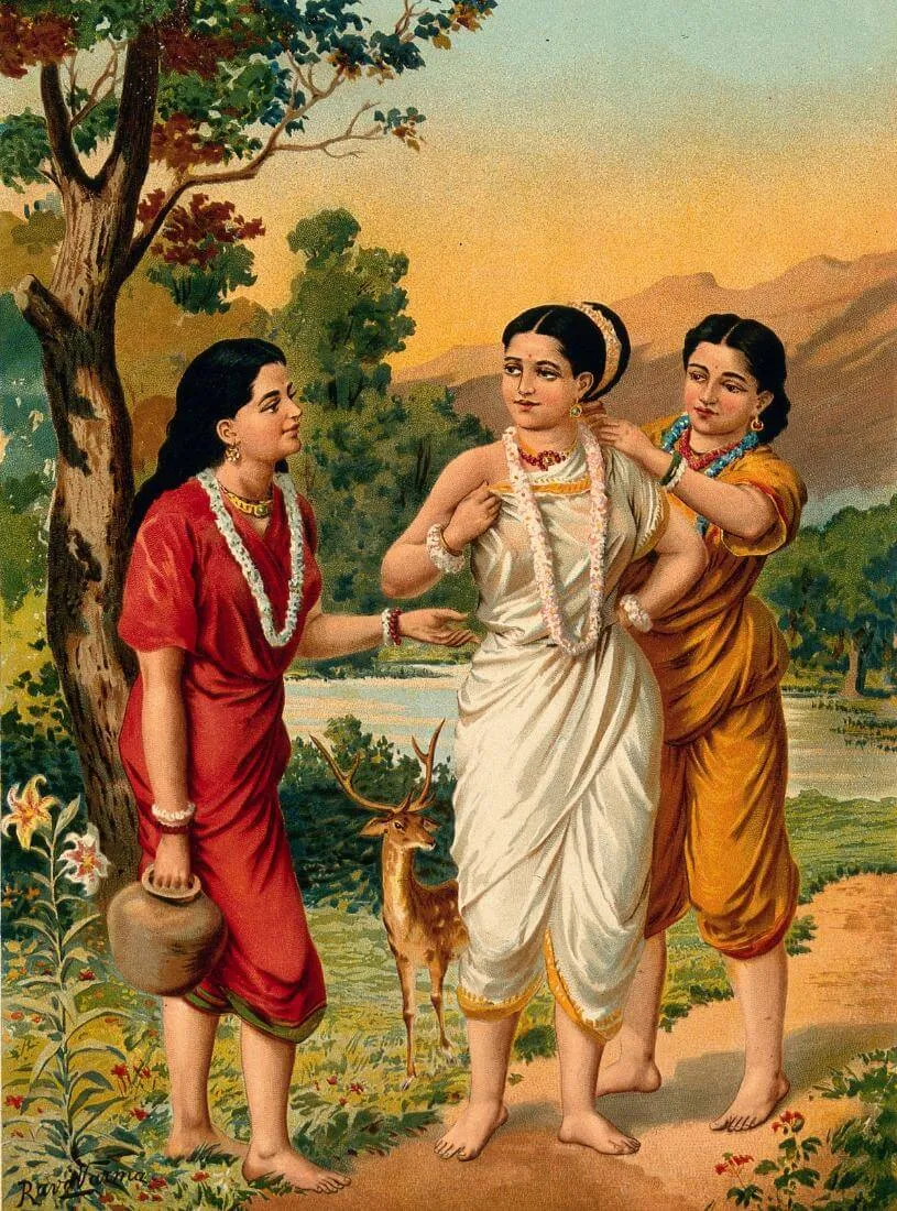 Shakuntala And Her Friends - Raja Ravi Varma Chromolithograph Print - Vintage Indian Art Painting - Life Size Posters