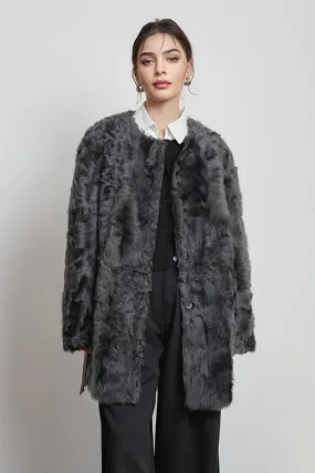 Shearling-inspired Collarless Mid-Length Wool Coat with Leather Belt