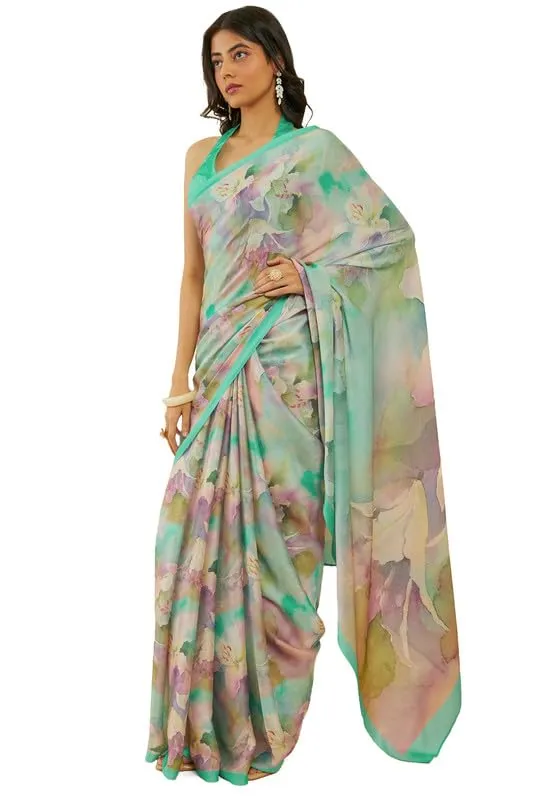 Soch Womens Light Green Botanical Print Crepe Saree