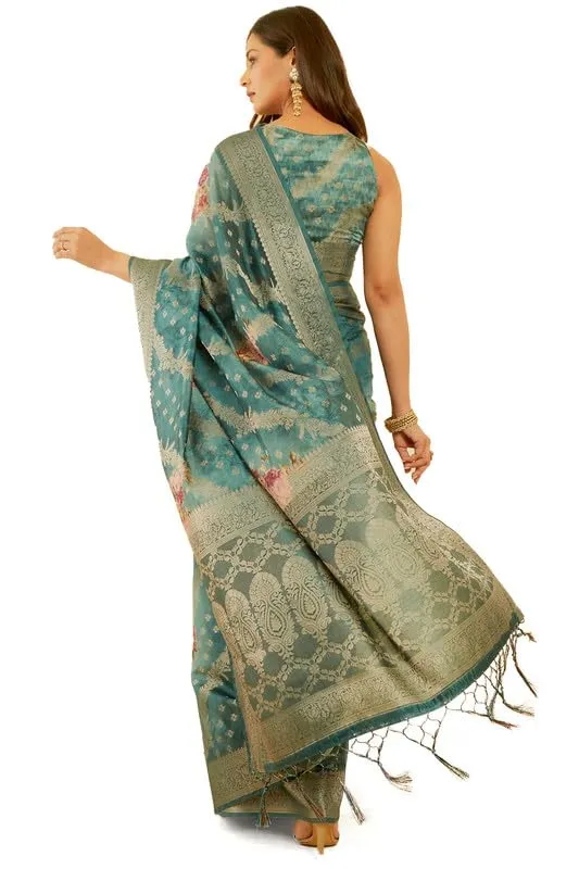 Soch Womens Teal Floral Print Chanderi Jacquard Saree