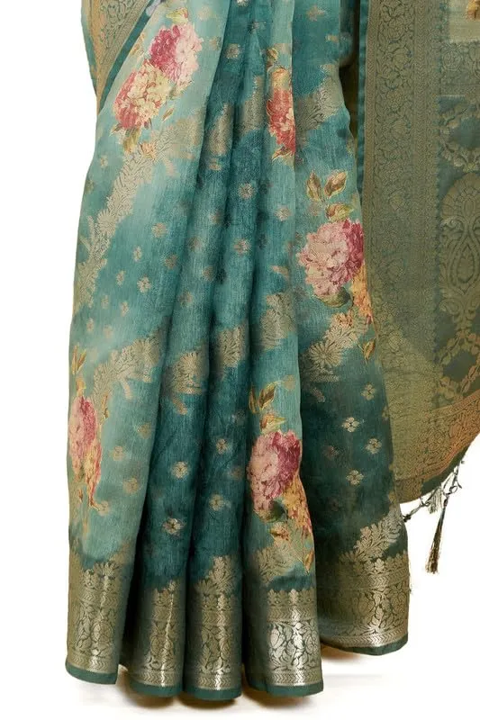 Soch Womens Teal Floral Print Chanderi Jacquard Saree