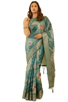 Soch Womens Teal Floral Print Chanderi Jacquard Saree