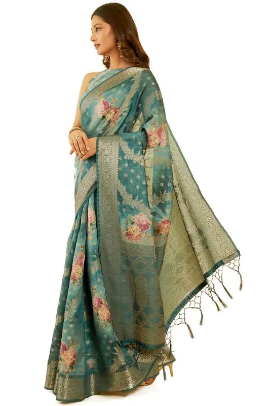 Soch Womens Teal Floral Print Chanderi Jacquard Saree