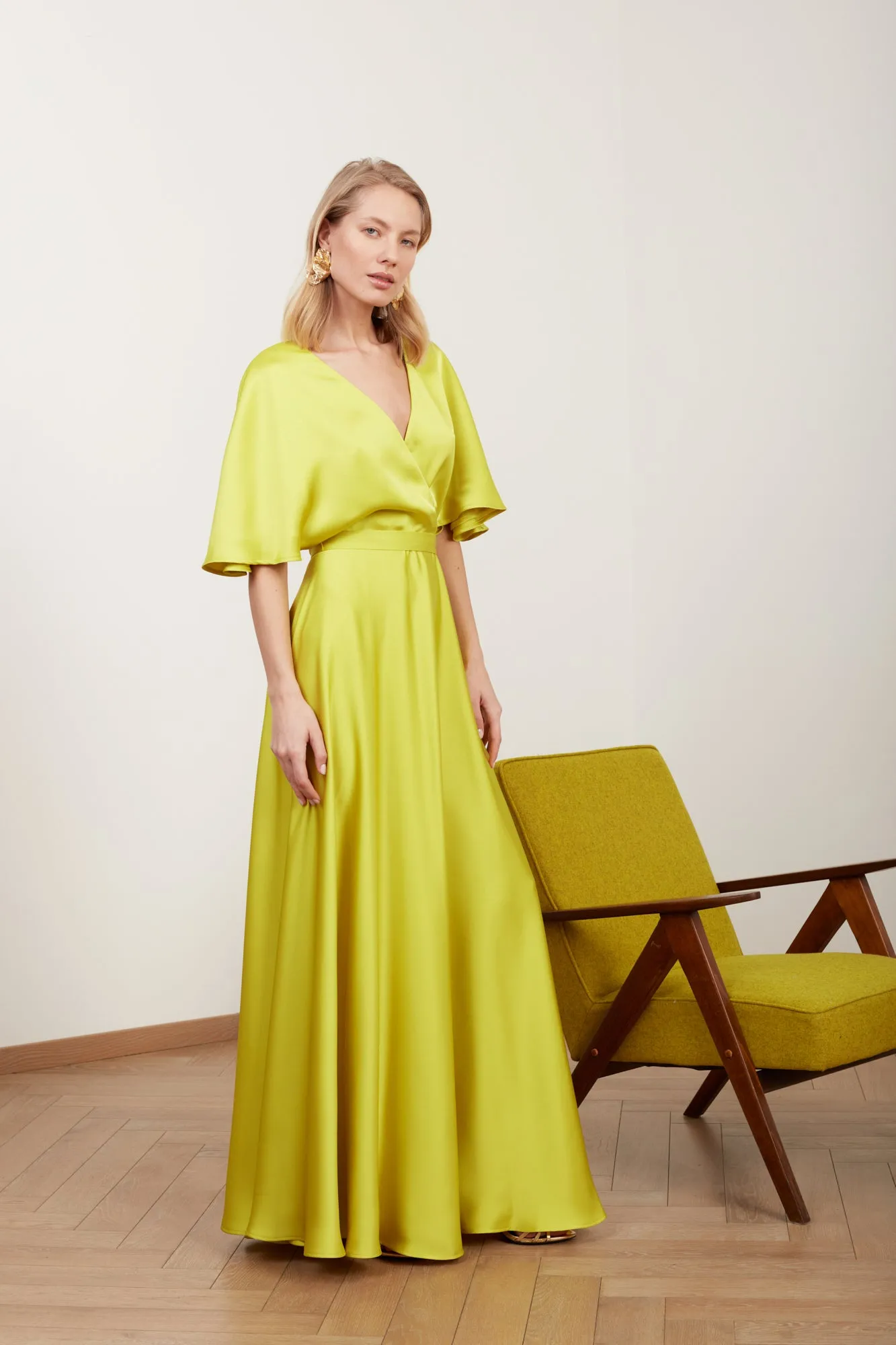 SOLENE lime green satin long evening dress with butterfly sleeves