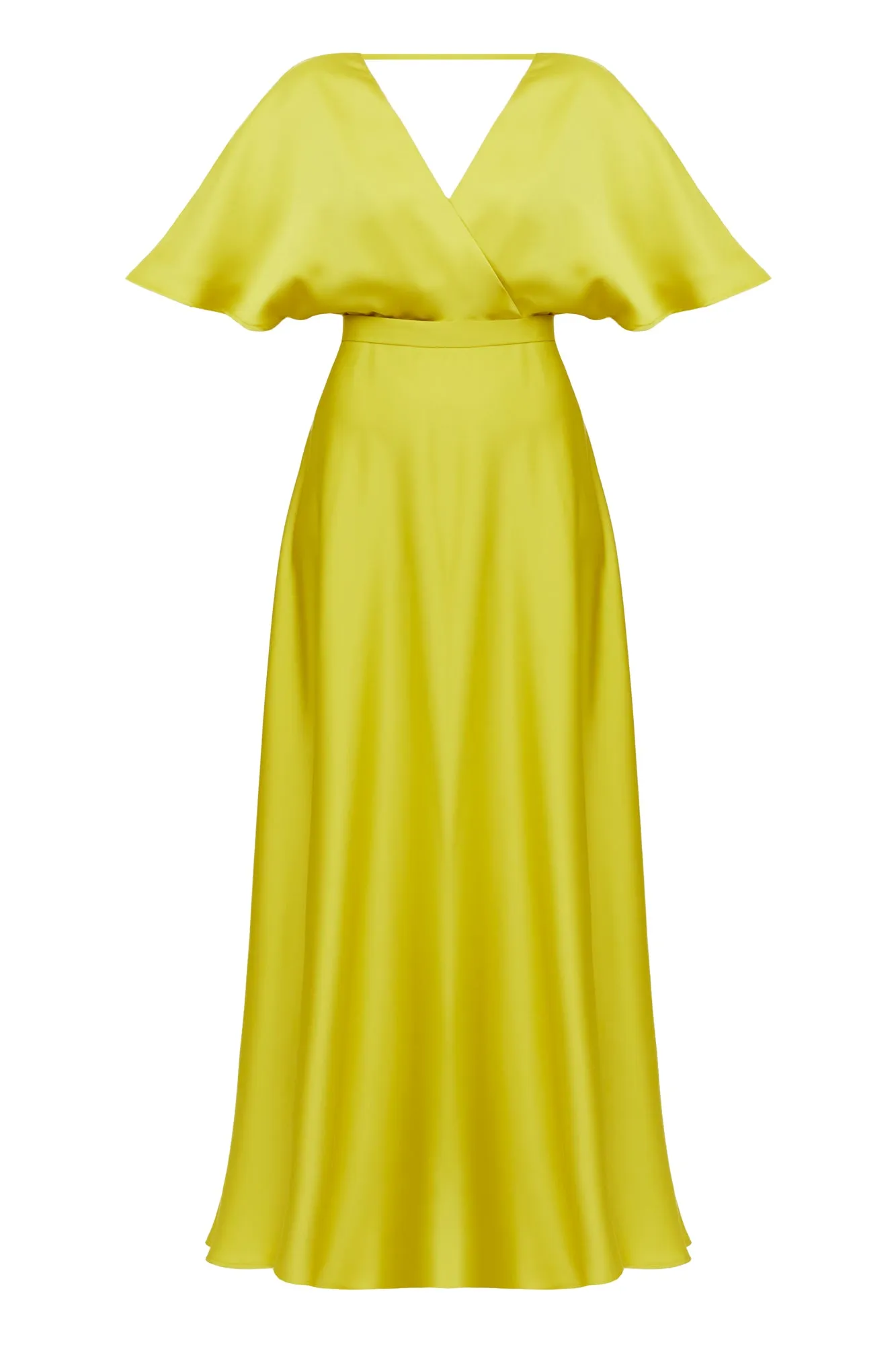 SOLENE lime green satin long evening dress with butterfly sleeves