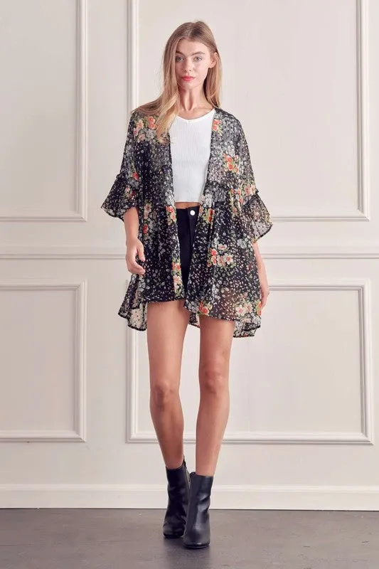 TEEK - BLACK FLORAL PRINT RUFFLE SLEEVE KIMONO