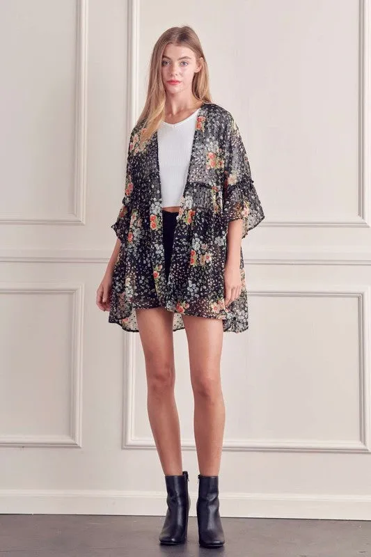 TEEK - BLACK FLORAL PRINT RUFFLE SLEEVE KIMONO