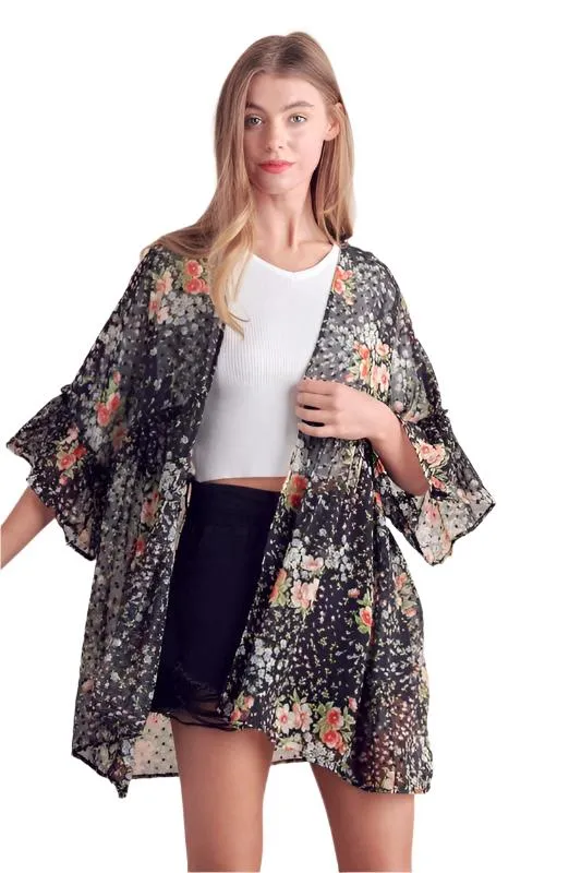 TEEK - BLACK FLORAL PRINT RUFFLE SLEEVE KIMONO