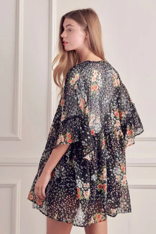 TEEK - BLACK FLORAL PRINT RUFFLE SLEEVE KIMONO