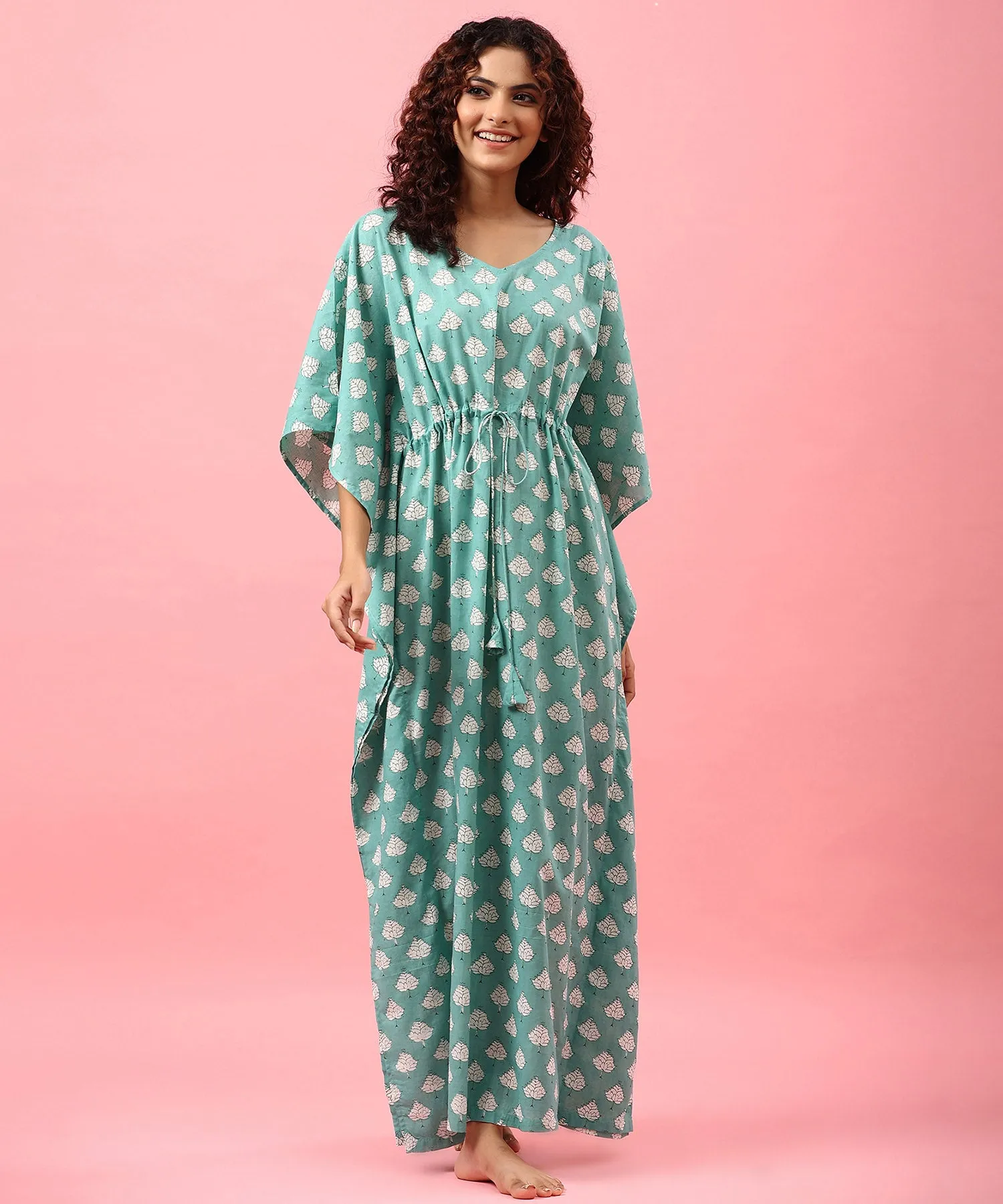 Tropical Leaves on Blue Cotton Kaftan