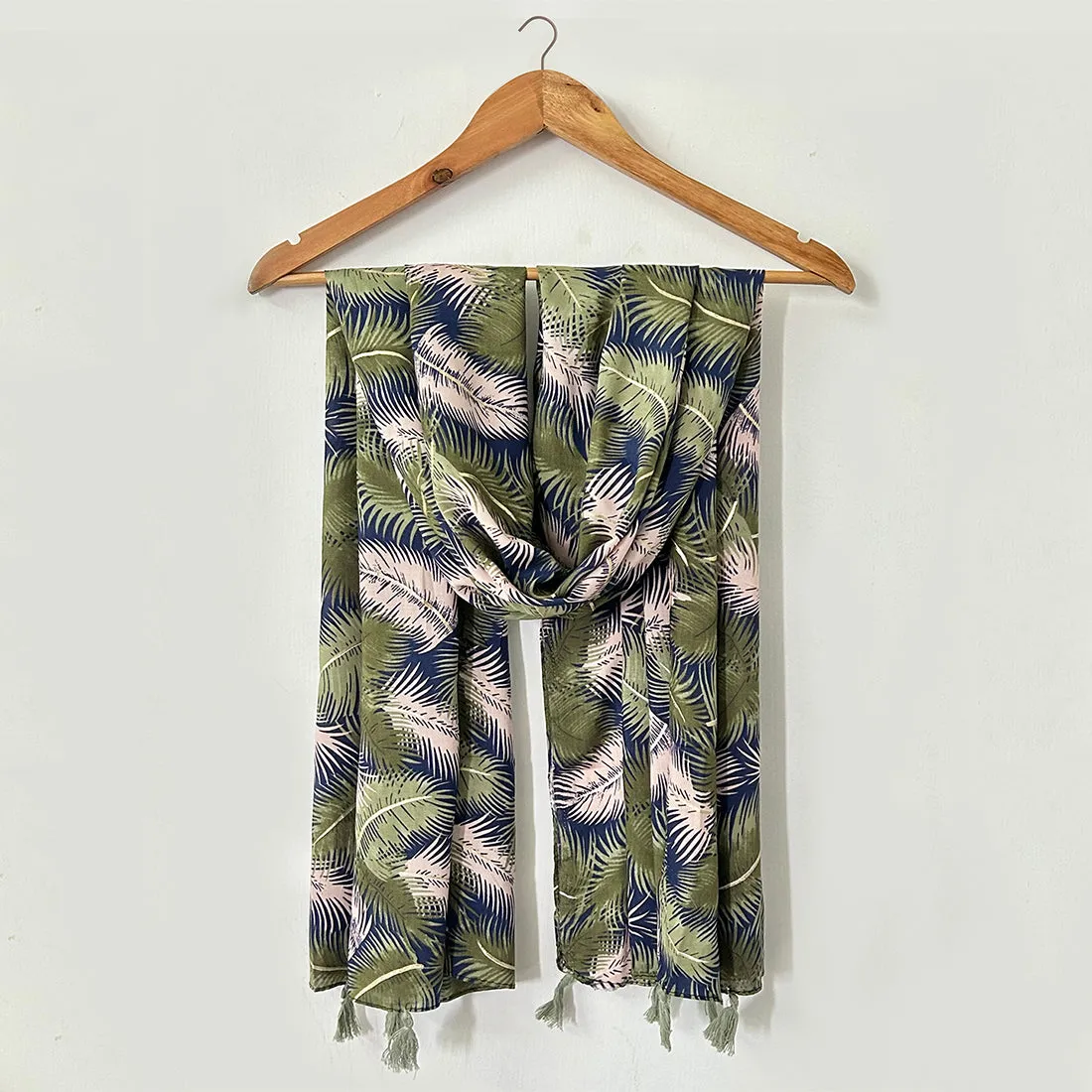 Tropical Navy Blue & White Floral Printed Modal Tassel Scarf