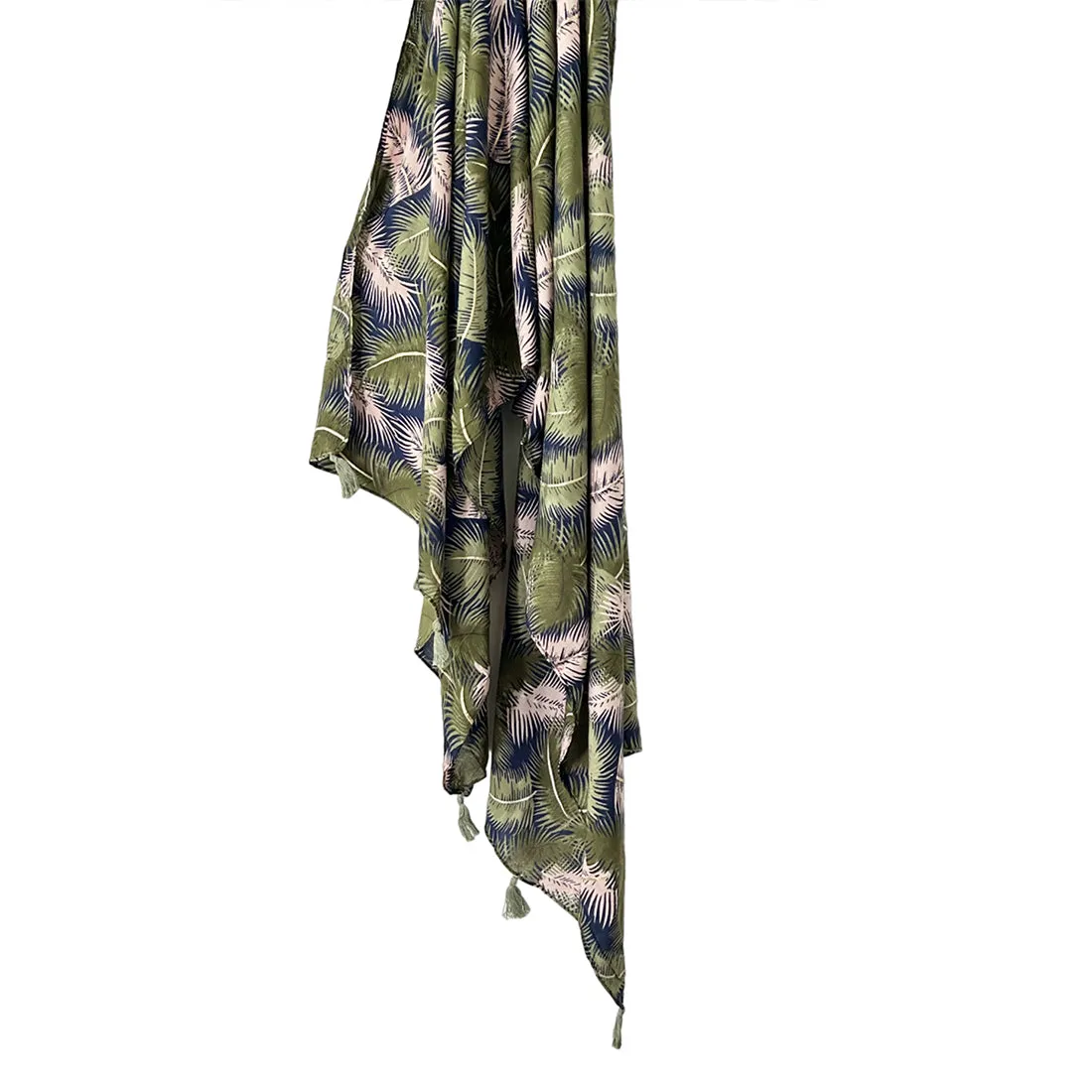 Tropical Navy Blue & White Floral Printed Modal Tassel Scarf