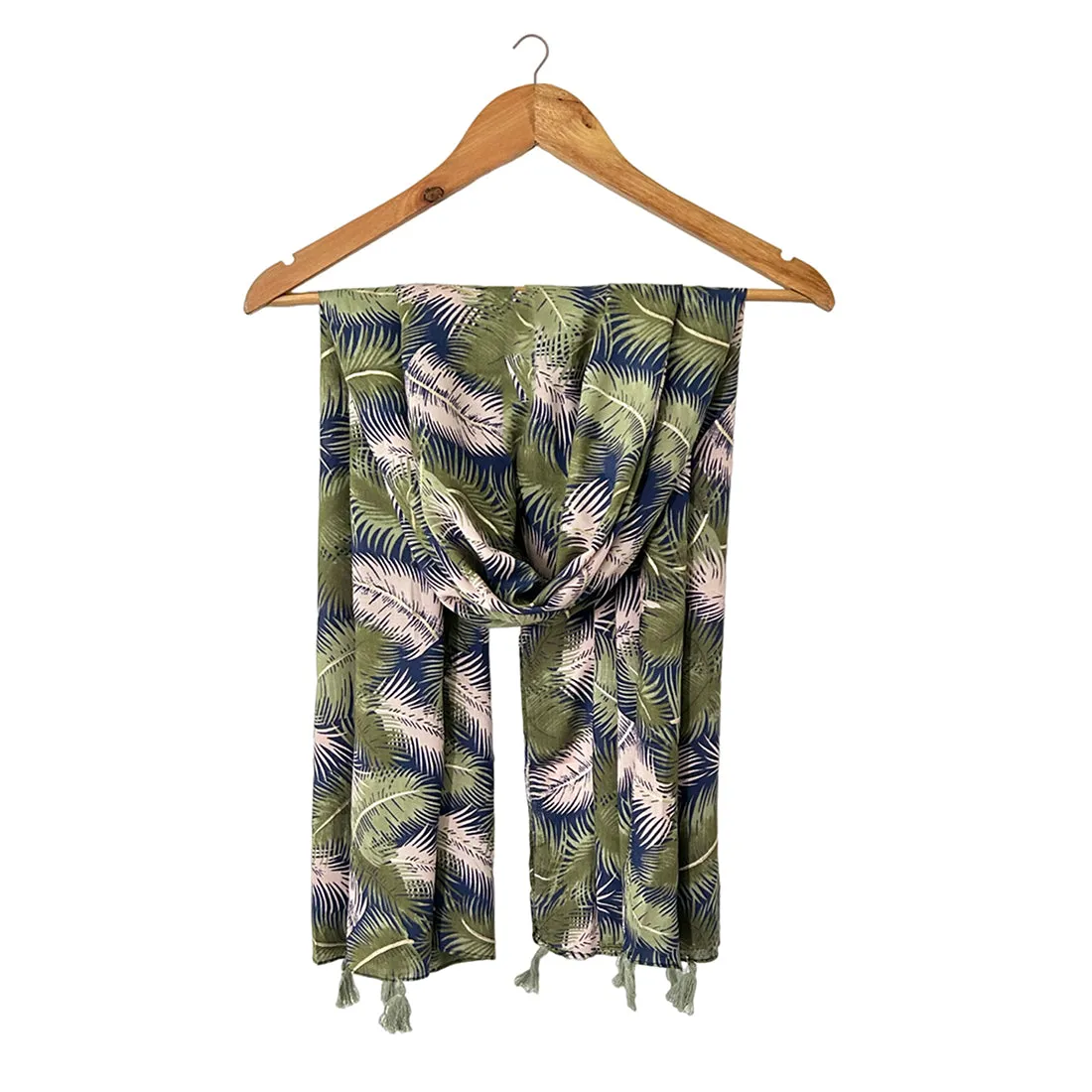 Tropical Navy Blue & White Floral Printed Modal Tassel Scarf