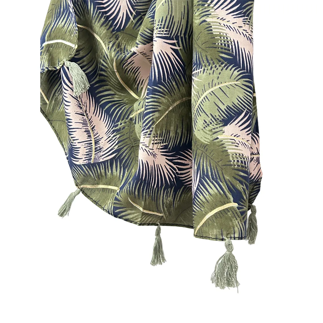 Tropical Navy Blue & White Floral Printed Modal Tassel Scarf