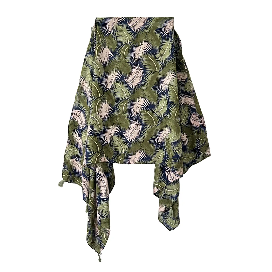 Tropical Navy Blue & White Floral Printed Modal Tassel Scarf