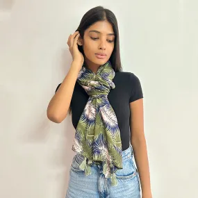 Tropical Navy Blue & White Floral Printed Modal Tassel Scarf