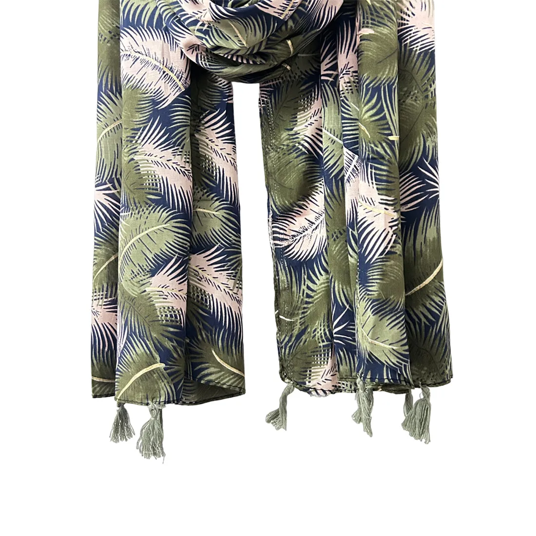 Tropical Navy Blue & White Floral Printed Modal Tassel Scarf