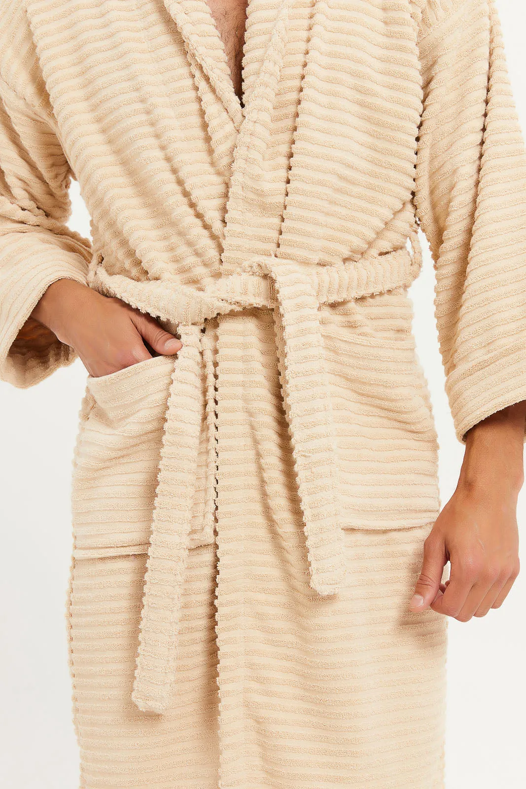 Unisex Beige Ribbed Bathrobe