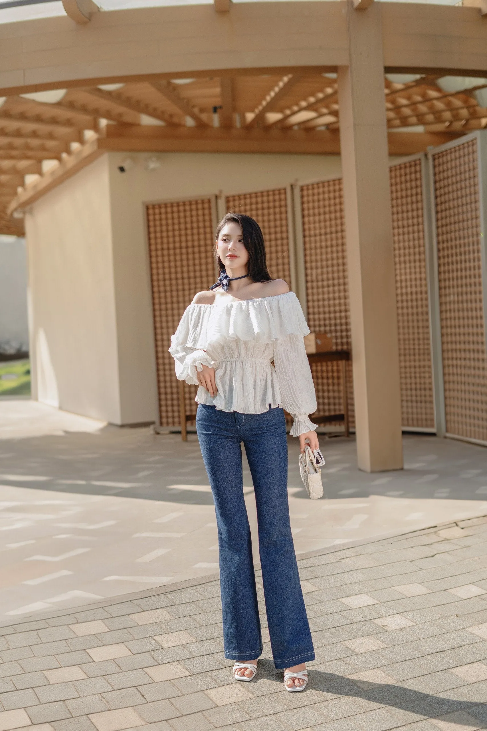 Veroa Set - Fit and Flare Ruffled Cotton Silk Top & Straight Wide Leg Denim Floor Length Pants