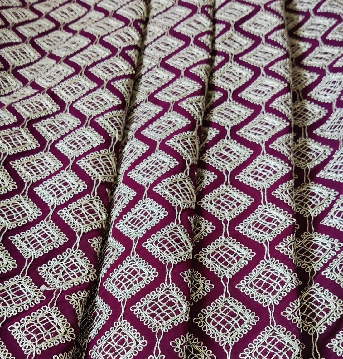 Wine Geometric Heavy Dori Embroidered Georgette Fabric (Wholesale)